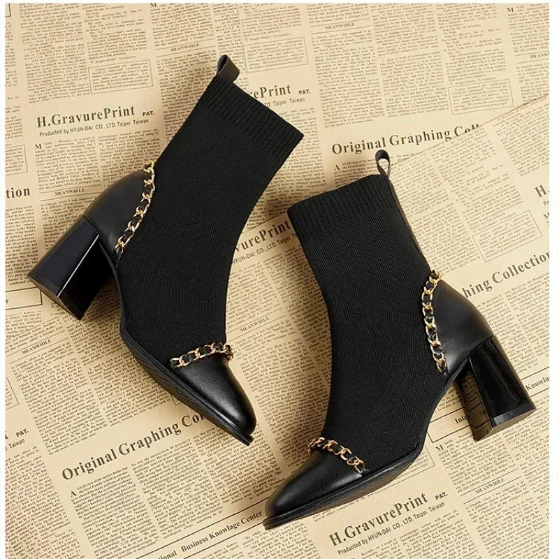 2024 Hot Sale Shoes for Women Slip on Women's Boots Winter Square Toe Solid Plush Warm Short Barrel Mid Heel Fashion Naked Boots