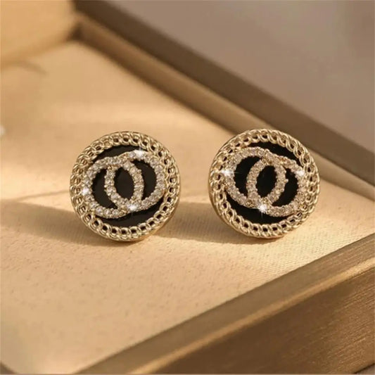 RAKOL Black Enamel Crystal Double Round Circles Stud Earring For Women Korean Style Sweet Simple Jewelry Brincos Wholesale Gift