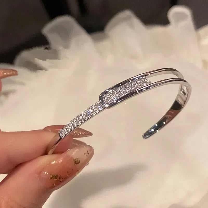 Silver Color Micro Zircon Open Bangle for Women 2024 Korean Simple Design Hollow Versatile Bracelet Wedding Jewelry Party Gifts