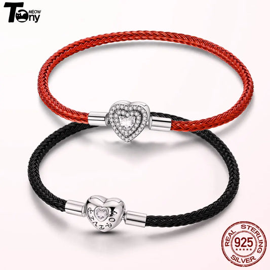 New Design Red Black Simple Wire Rope Real 925 Sterling Silver Heart Clasp Lucky Bracelet For Men Women Couple Gift DIY Jewelry