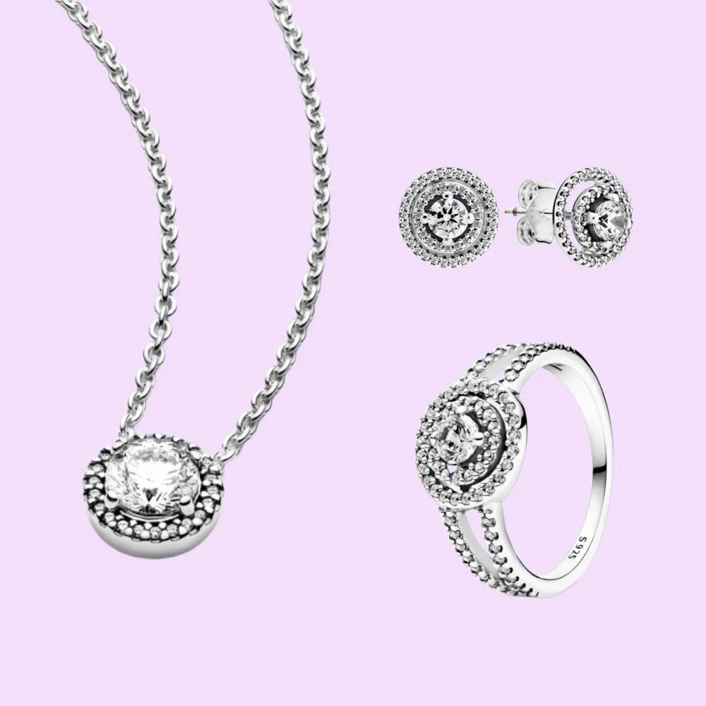 925 Sterling Silver Pandora Brilliant Round Ring&Stud Earrings&Necklace Set With Cloth Bag for Women Birthday Gifts