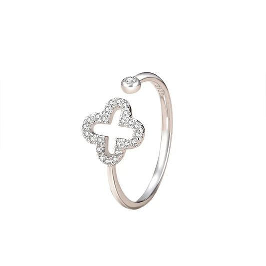 Fashion European Silver Plated Adjustable Ring size 5-8 AAA CZ Four-leaf Clover For Women Birthday Party Gift Jewelry