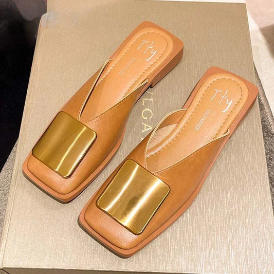 Women Slippers Brand Designer Fashion Metal Buckle Flat Heels Square Toe Shallow Shoes for Women Outdoor Slide Female Casual