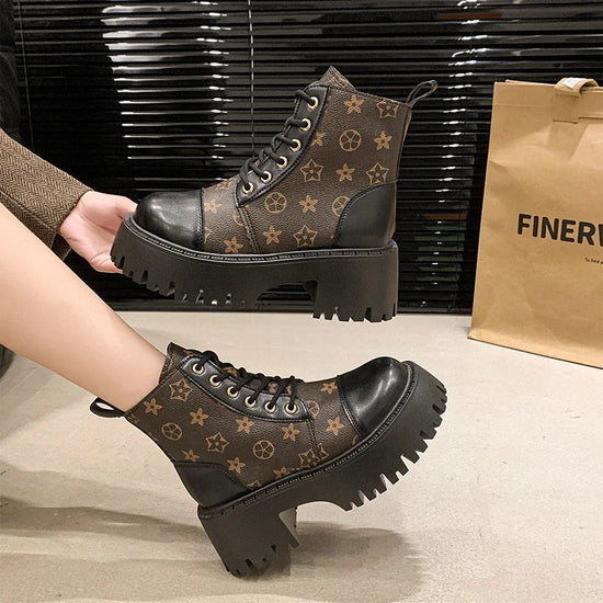 Women Ankle Boot 2025 New Style Fashion Trend Totem Design Non-slip Thick Sole Women's Fashion Boots PU Leather Botines De Mujer