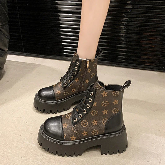 Women Ankle Boot 2025 New Style Fashion Trend Totem Design Non-slip Thick Sole Women's Fashion Boots PU Leather Botines De Mujer