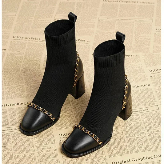 2024 Hot Sale Shoes for Women Slip on Women's Boots Winter Square Toe Solid Plush Warm Short Barrel Mid Heel Fashion Naked Boots