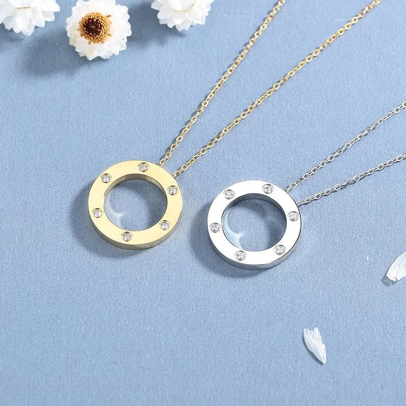 Stainless Steel Six Zircon Hollow Circle Fashion Style Men Chain Necklace For Women Jewelry Collar Pendant Friends Gifts