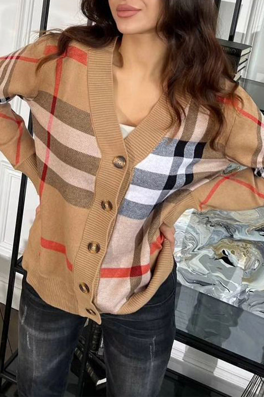 Casual Plaid Buttons V Neck Outerwear